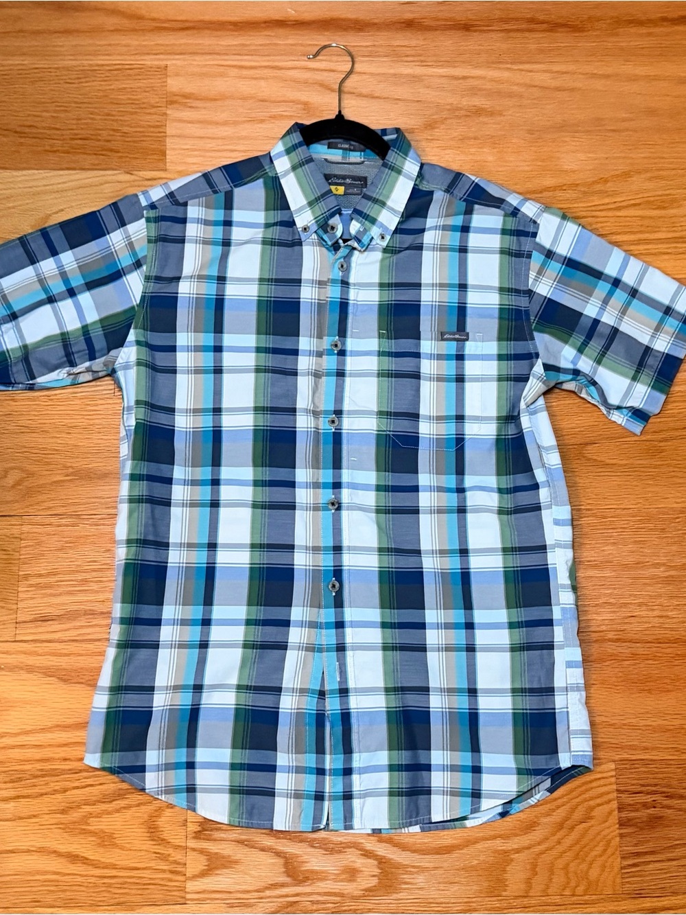 Eddie Bauer Plaid Short Sleeve Button Down Shirt Size X-Large Blue Green White